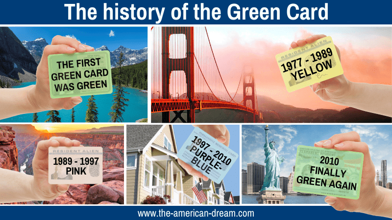 Different colored Green Cards from all years in front of a USA picture gallery