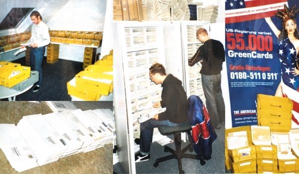 Holger and Marcus from The American Dream sorting letters in the 90s.