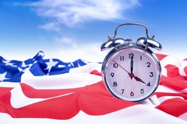 US flag and alarm clock