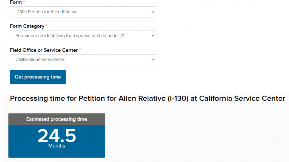 Green Card waiting times on an example in the USCIS tool