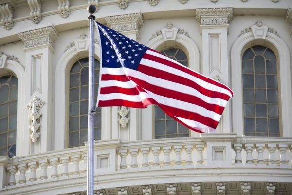 US flag in front of the Capitol