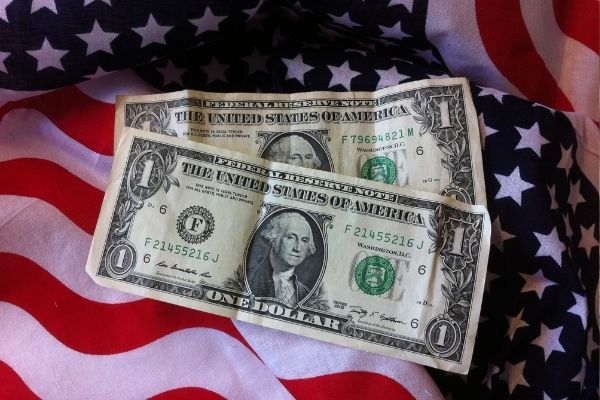 Dollar banknotes and USA flag