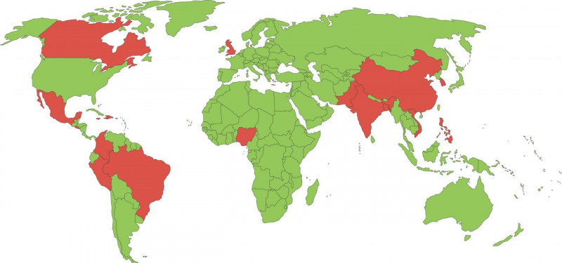 World map with areas marked in red