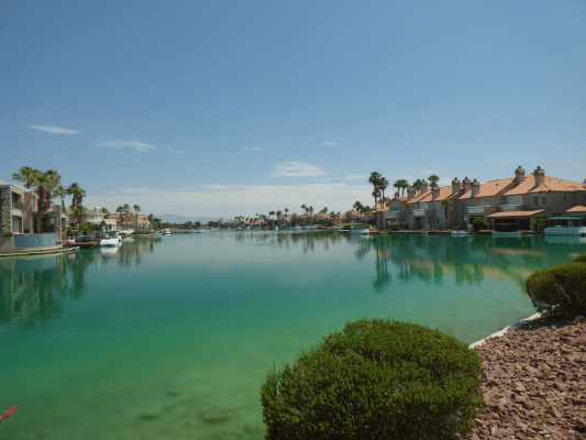 A tropical looking lakefront residential neighborhood in Las Vegas