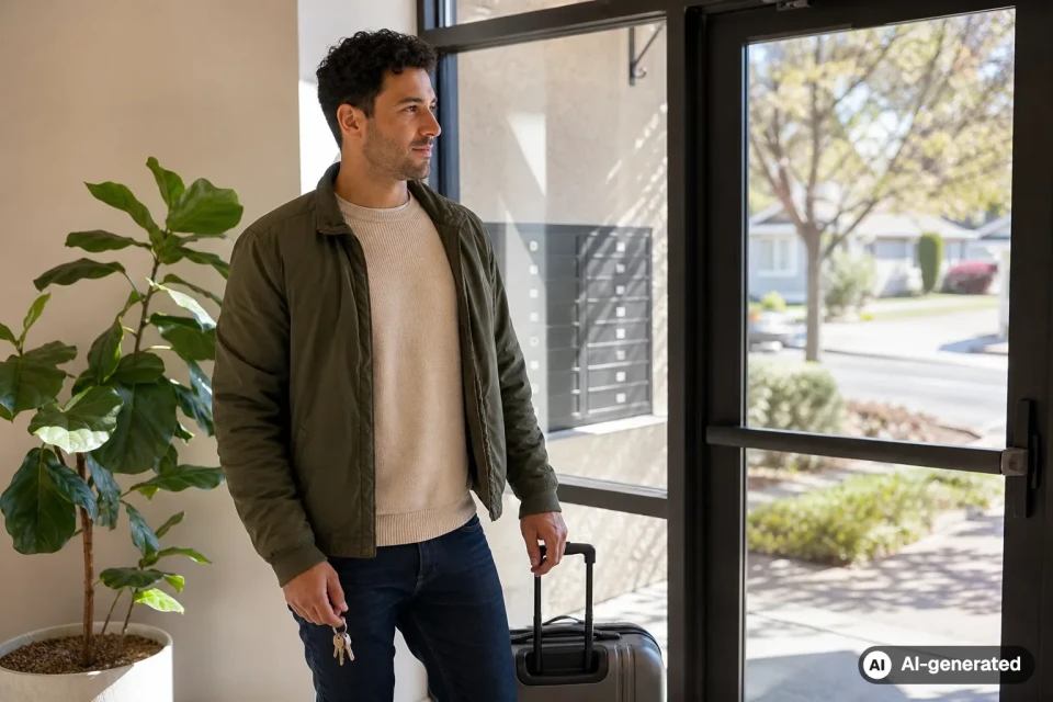Man with a suitcase and keys in the lobby of a U.S. apartment building before an extended trip