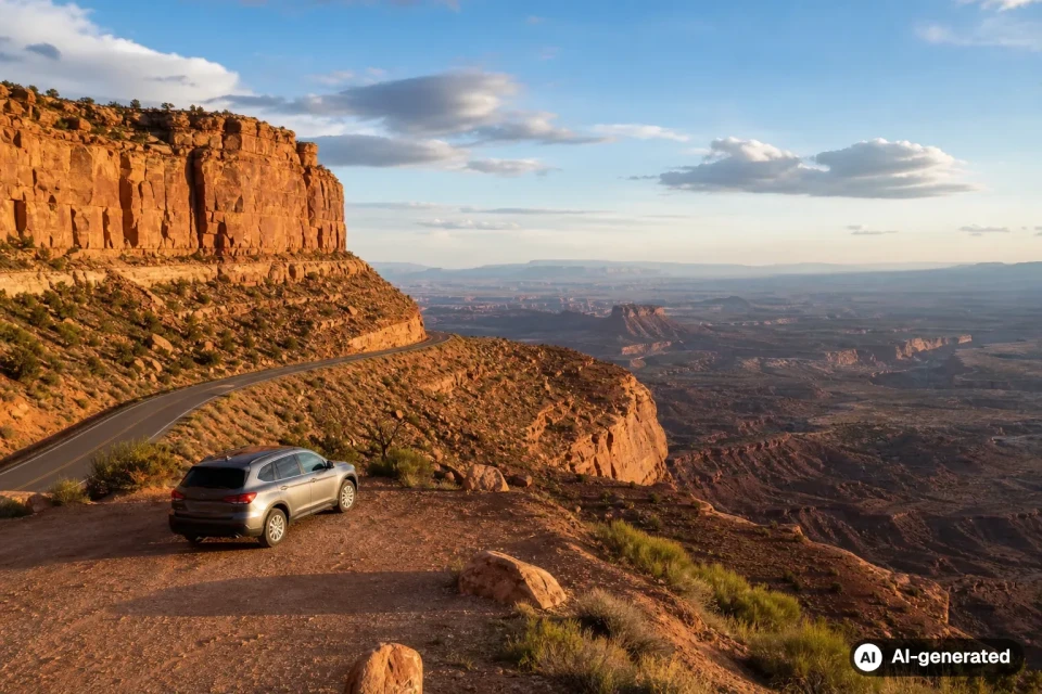 Open landscape in a U.S. national park with a road and rental car