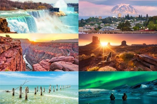 Six pictures show Niagara Falls, Grand Canyon, Northern Lights in Alaska and Monument Valley in USA