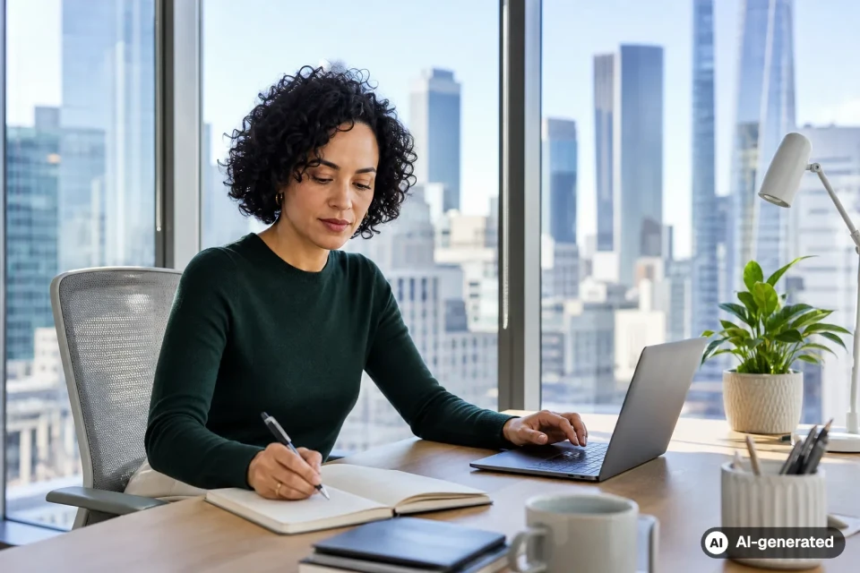 Woman at a workplace in the United States with a modern skyline in the background